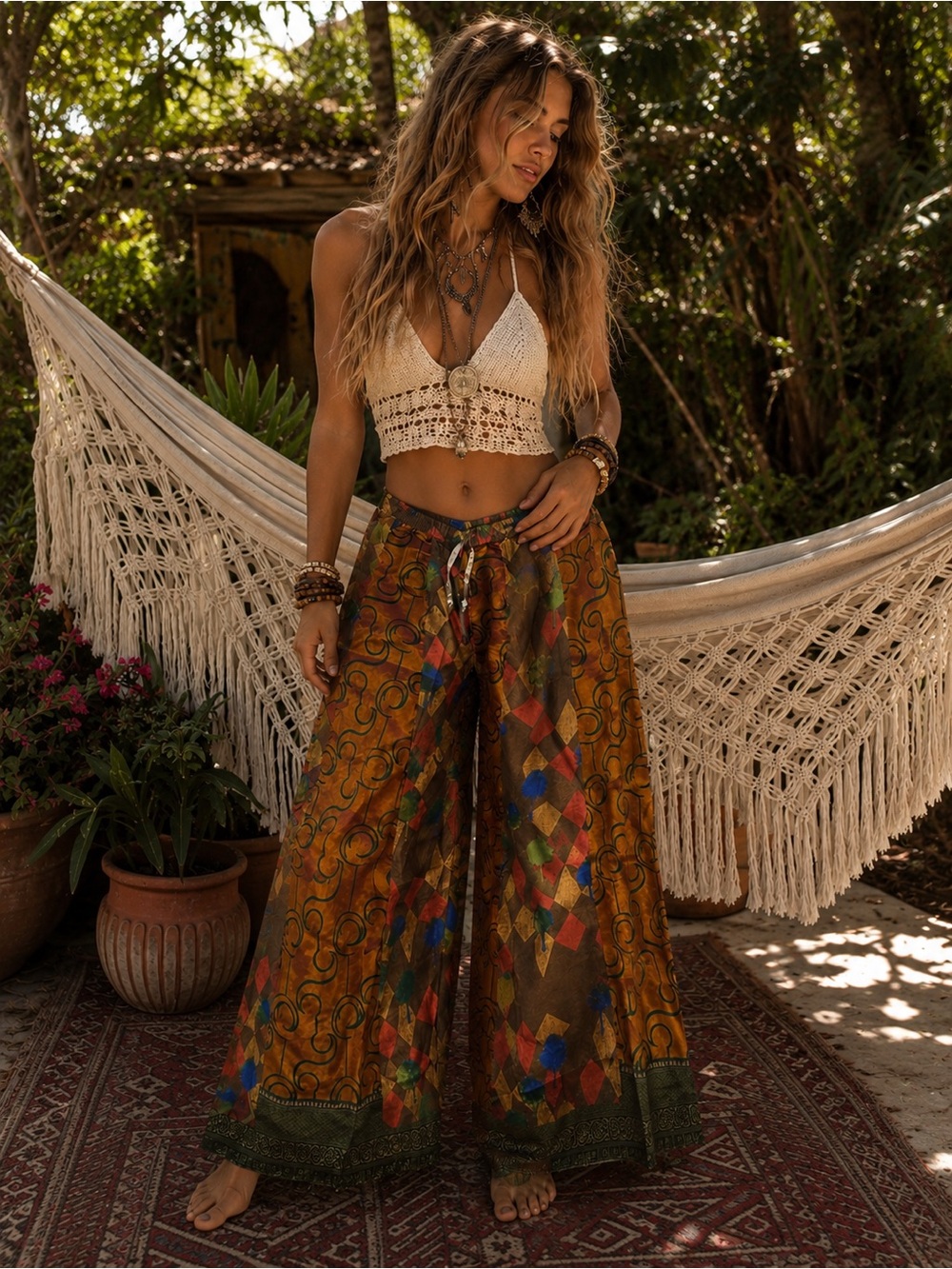 Jaded Gypsy Bohemian Wide-Leg Printed Palazzo Pants in Multi-Color